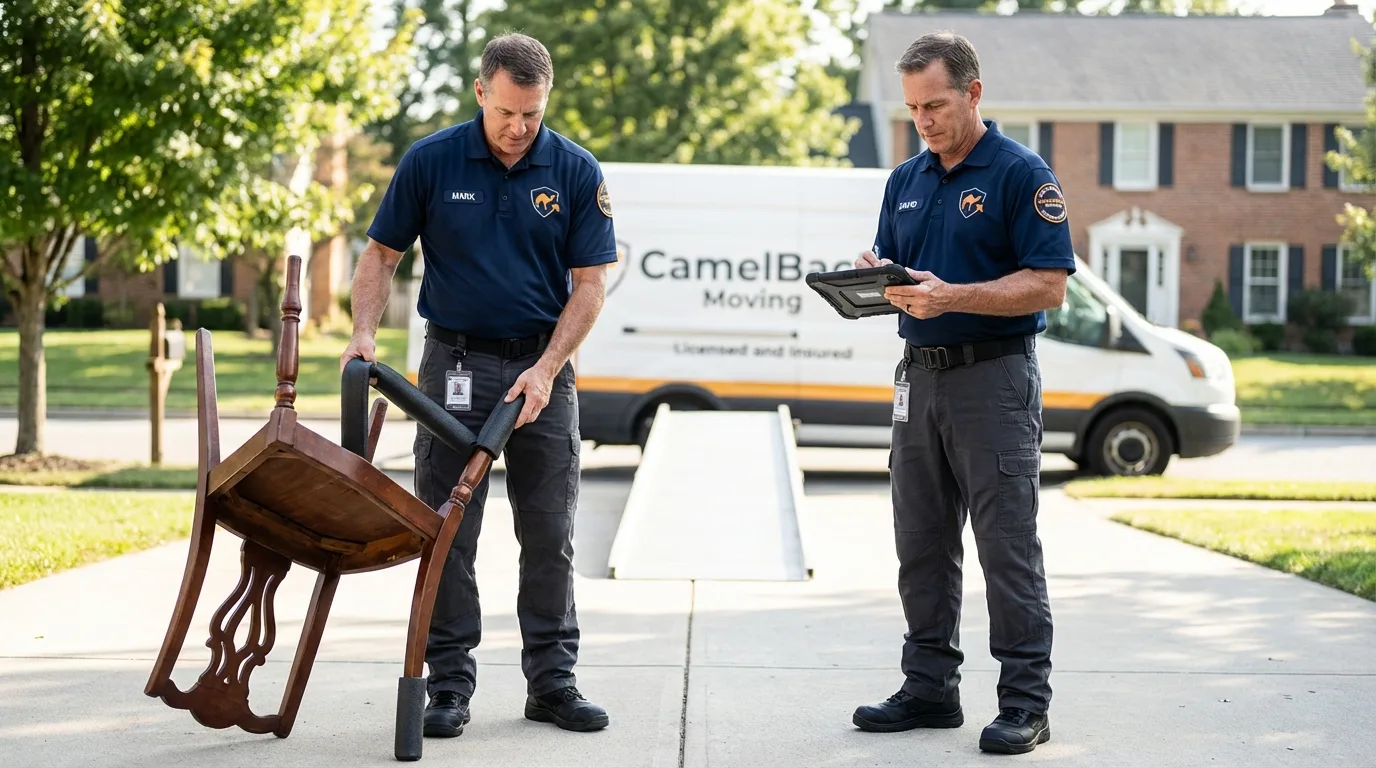 Movers inspecting furniture for damage prevention before loading in Liberty, MO