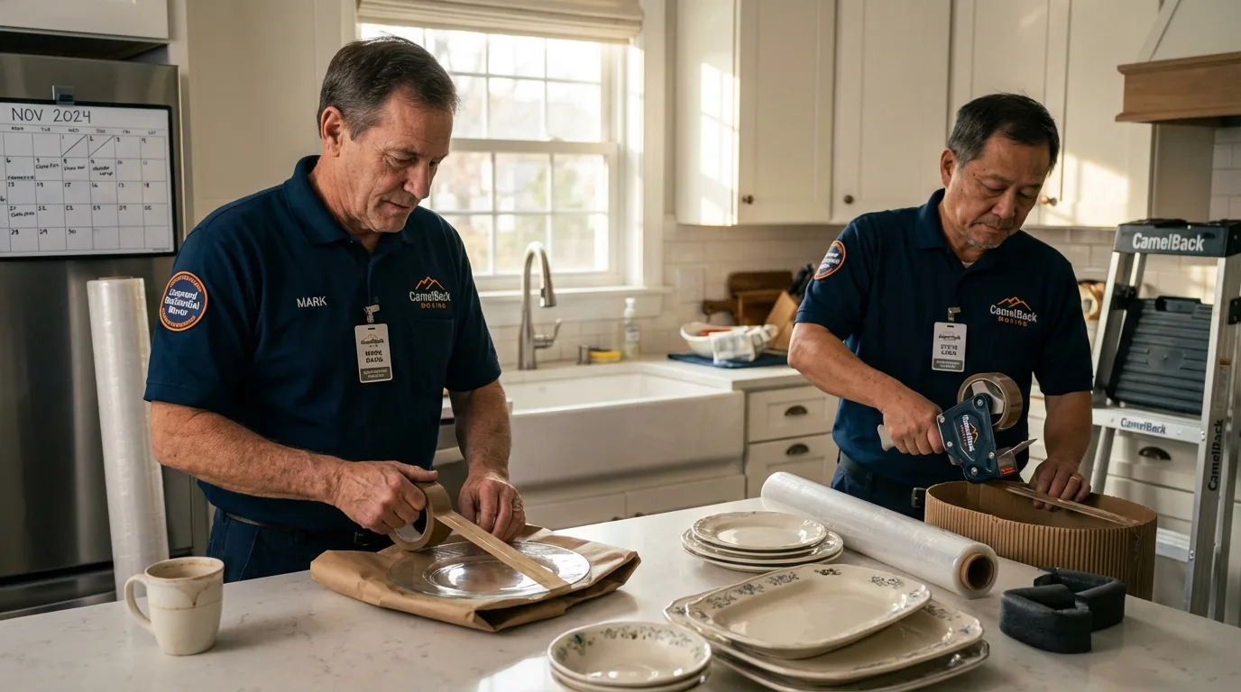 Professional crew packing kitchen dishware in Liberty, MO